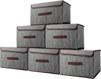 Produktbild von Stoffaufbewahrungsboxen, 6 Stück, 36 x 23 x 24 cm, Boxen mit Deckel, faltbar, grau für Kleidung, Socken, Schrank, Regal, Kleiderschrank