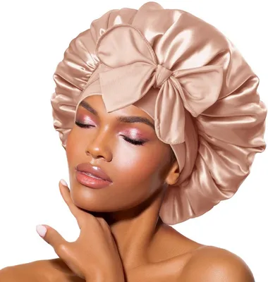 Produktbild von Minicee Satin Schlafmütze Damen 2er Set, Verstellbare Bonnet Anti-Frizz Haarschutz Champagne
