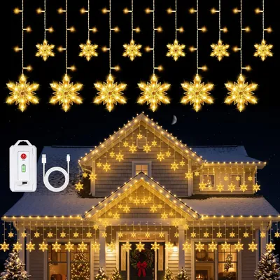 Schneeflocken-Lichtvorhang, USB-C-Akku, warmweiß, 144 LEDs