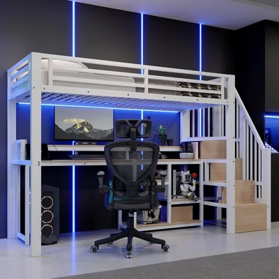 Productafbeelding van Hoogslaper 90 x 200 cm, metalen bed met ladderkast en opbergvak, USB- en Type-C-aansluiting, LED-lichtstrip, veiligheidsreling, zonder matras, wit