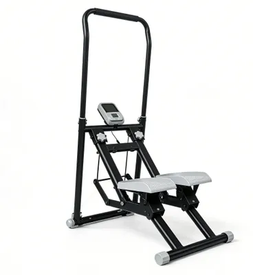 Obrázek produktu pro Vertikální stepper QK7906 – tréninkový stroj pro posilování nohou – skládací – třípolohově nastavitelná řídítka a sklon pedálů – LCD displej – maximální nosnost 150 kg – černá barva
