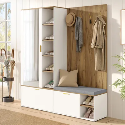 A modern entryway furniture set with storage and seating.