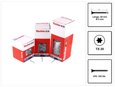 Produktbild von Fischer Spanplattenschraube 5,0x40 PowerFast FPF II CTF BC, Senkkopf, Innenstern TX, Vollgewinde