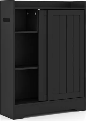 Produktbild von GOPLUS Badezimmerschrank schmal, Badschrank mit Toilettenpapierhalter, verstellbaren Regalen, Aufbewahrungsschrank mit 2 Schiebetüren für kleine Räume