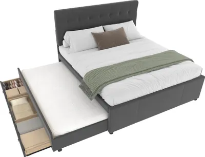 Produktbild von okwish Polsterbett 140x200cm Doppelbett, Familienbett Bett mit drei Schubladen, ausziehbares Bett, Verstellbares Kopfteil, Leinen Grau