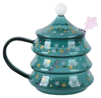 Weihnachts-Kaffeetasse 400 ml Glas mit Deckel, Weihnachtsbaum