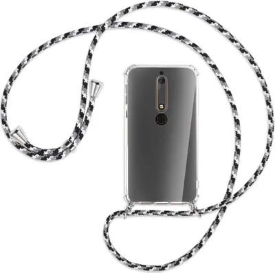Produktbild von Handykette Backcover-Schutzhülle mit Band (Metall silberfarben) für Nokia 6.1 - schwarz/grau/weiß
