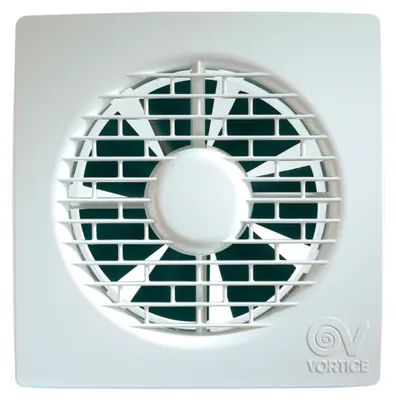 A white axial fan with a protective grille.