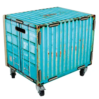 A turquoise storage chest designed to resemble a shipping container, shown from a slightly elevated front-facing angle on a white background.