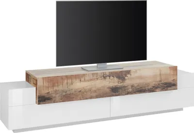 Produktbild von TV-Lowboard Rack Unterschrank Fernsehtisch HiFi Element Schrank "Catania II" Weiß Hochglanz / Ahorn Nachbildung