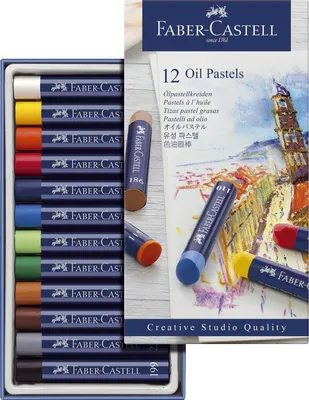 A box of Faber-Castell oil pastels is shown, with some pastels laid out next to the box.