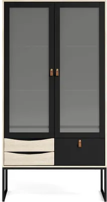 Image de Sady vitrine 2 portes vitrées, 3 tiroirs noir mat,Reproduction chêne.