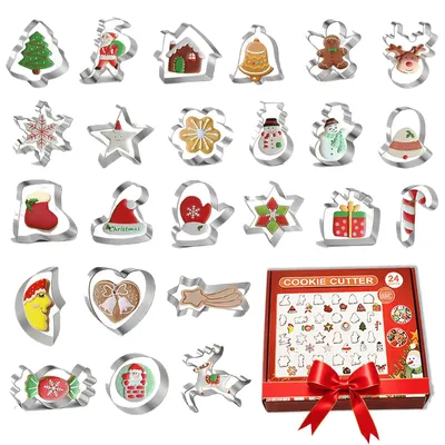Produktbild von Set mit 24 großen Weihnachtsplätzchenformen aus Edelstahl, geeignet für Weihnachtsplätzchen, Schokolade und Kuchendekorationen.