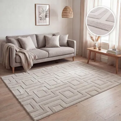 Image de Tapis de salon, motifs géométriques abstraits modernes, effet 3D, beige, dimensions 200 x 280 cm