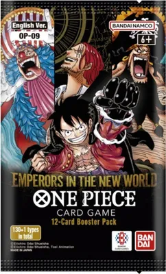 A booster pack for the One Piece Card Game, featuring characters from the 'Emperors in the New World' set.