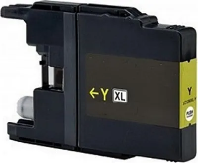 A yellow and black printer ink cartridge is shown against a white background.