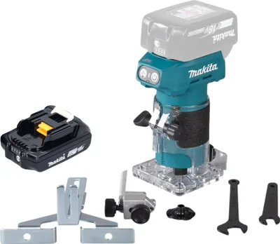 A cordless router kit with accessories and a battery pack, displayed on a white background.