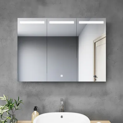Produktbild von SONNI 90x65x13cm 3-türig Edelstahl Bad Spiegelschrank mit Touch-Schalter LED Beleuchtung mit Rasiersteckdose
