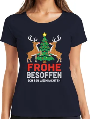 Obrázok produktu pre Frohe Besoffen Ich bin Weihnachten Lustig Rentier Strickoptik Damen T-Shirt, Navy, M