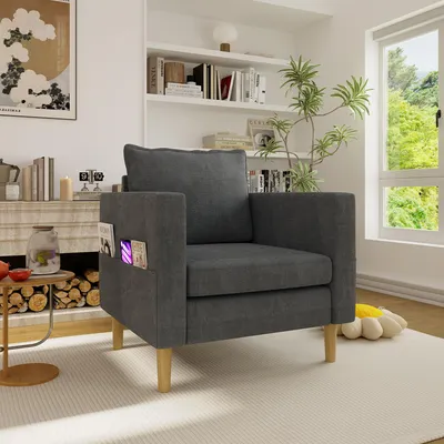 Produktbild von MODFU Loungesessel mit Seitentasche und bequemem Kissen,Polsterstuhl mit Armlehnen,Wohnzimmersessel,Chenille,Grau