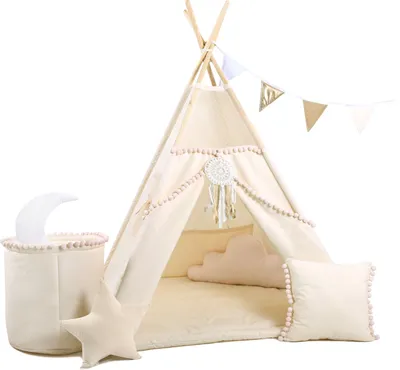 Produktbild von Rainbow Kids Tipi Spielzelt für Kinder, Beiger Punkt, mit großem Zubehör