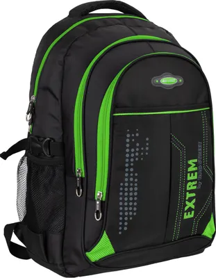 A black and green rucksack is shown against a white background.