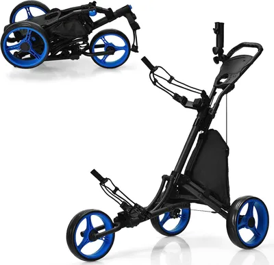 Obrázok produktu pre COSTWAY Golfový vozík s 3 kolieskami, golfový vozík, skladací, nastaviteľný, hliníkový golfový vozík, golfový vozík s držiakom na dáždnik, držiakom na tričko a úložnou taškou Blue