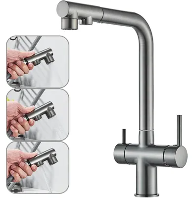Zdjęcie produktu dla Bateria kuchenna z filtrem wody - bateria zlewozmywakowa 3 w 1 - z wyciąganą wylewką - obrotowa o 360° - z 2 uchwytami - kolor: szary (gun grey)