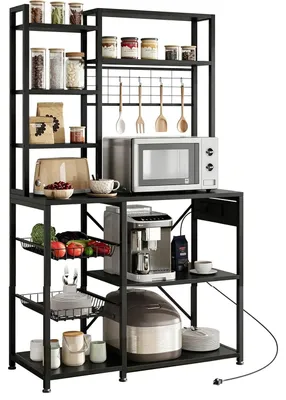 Image de Étagère de cuisine - Support pour micro-ondes et espace café - Structure métallique - Étagères en bois - Avec prise électrique - Étagère ouverte pour cuisine - Noir