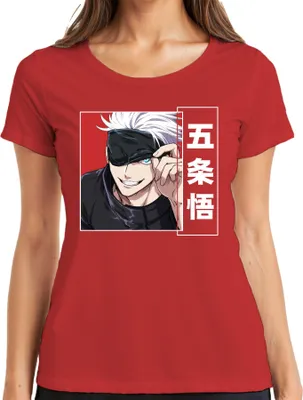 Zdjęcie produktu dla Jujutsu Kaisen Gojo Satoru 五条悟 – koszulka damska w stylu anime z motywem opaski na oczy i białych włosów, kolor czerwony, rozmiar 3XL