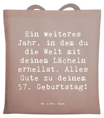 Produktbild von Mr. & Mrs. Panda Tote Bag Spruch 57. Geburtstag Lächeln - Braun Pastell - Geschenk, Jutebeutel, Shopping Tasche, Geburtstagserinnerungen, festivaltasche, Alter