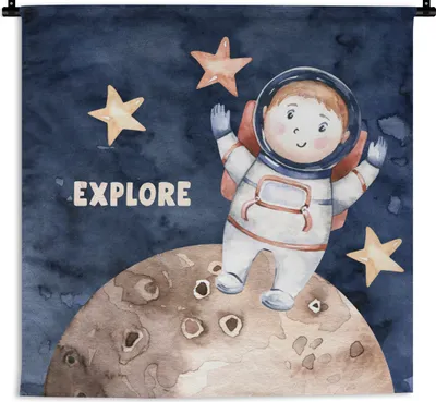 Produktbild von MuchoWow® Wandteppich Wandbehang Sprichwörter - Zitate - 'Erforschen' - Astronaut - Jungen - Mädchen - Kinder 150x150 cm Tapisserie Dekoration Wandtuch - Wohnaccessoires - Modernes