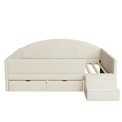 Produktbild von Flieks Polsterbett 90x190cm mit 2 Schubladen, Kinderbett Schlafsofa mit Treppe, Kinder Hochbett mit Rausfallschutz, Samt, Beige