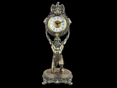 Image de Horloge de table de style baroque – Sculpture en forme de horloge de table, aspect bronze, peinte à la main, dimensions : 14,5 cm × 14,5 cm × 38 cm, modèle WU75467A4