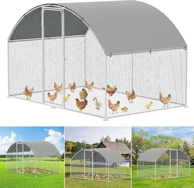 Obrázek produktu pro Kurník s voliérou, pozinkovaná ocel, rozměry 3x2x2 metry. Venkovní kuřecí dům s kupolovitou střechou, zámkem a vodotěsnou PE tkaninou, vhodný pro chov kuřat, ptáků a drobných zvířat