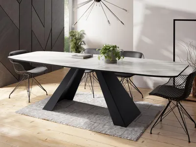 Produktbild von Esstisch Monte im Modern Stil, Rechteckiger Tisch in Weißer Marmoroptik - Ausziehbar von 160 cm bis 200 cm, Pulverbeschichtete Schwarze Metallbeine - 160 x 80 cm - Marmor Weiß