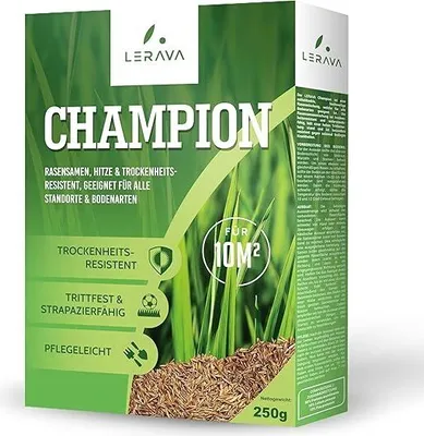 Produktbild von LERAVA CHAMPION 10m² - Rasensamen dürreresistent - geeignet für trockene und sonnige Standorte - trittfest und strapazierfähiger Grassamen
