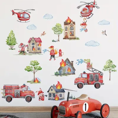 Produktbild von Feuerwehr Fahrzeuge Wandsticker Kinderzimmer Rettungsfahrzeuge Feuerwehrauto Hubschrauber Wandtattoo Jungenzimmer Deko