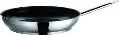 A stainless steel frying pan with a black interior is shown against a white background.