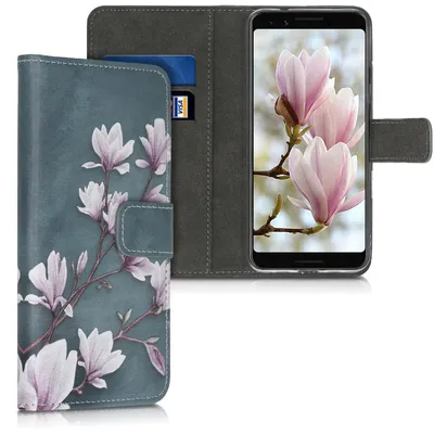 Produktbild von kwmobile Wallet Case kompatibel mit Google Pixel 3a Hülle - Cover mit Ständer und Kartenfächern - Magnolien Taupe Weiß Blaugrau