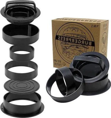 Produktbild von Famanu Hamburgerpresse 4-in-1 - XXL Burger Patty Press mit 100 Vellen Backpapier