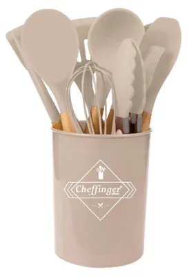 Immagine prodotto di set di utensili da cucina da 12 pezzi Pentole in silicone con manico in legno beige