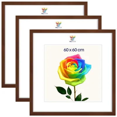 Produktbild von MG Design 3er Set Bilderrahmen 60 x 60 cm - Posterrahmen mit Braun Echtholzrahmen und bruchsicherem Acrylglas, Hoch & Quer mit stabiler Wandaufhängung