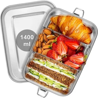Image de Boîte à bento inoxydable avec 2 compartiments amovibles, 1 400 ml, pour adultes et enfants, idéale pour le camping et les voyages, e sans danger pour la santé et lavable au lave-vaisselle