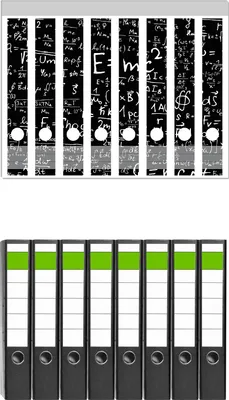 Produktbild von Wallario 8 Stück schmale Ordner inkl. Klebeetiketten mit Motive Mathematische Formeln  Relativitätstheorie -  Set mit Rückenschildern / Ordnerrücken Stickern