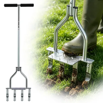 Obrázek produktu pro Ruční provzdušňovač trávníku – provzdušňovač trávníku s hroty – 4 hroty – 93 cm – Robustní ocel – Pro zhutnělou půdu – Stříbrná barva