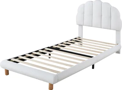 Produktbild von okwish Kinderbett 90x200 cm mit Lattenrost aus Holz, weicher runder Samt, Polsterbett Jugendbett für Jungen und Mädchen, Einzelbett mit Kopfteil, weiß