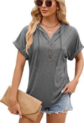 Produktbild von ASKSA Damen Hoodie T-Shirt Knopfleiste V-Ausschnitt Sommer Kurzarm Kapuzenshirt Casual Lose Shirts Kapuzenpullover Tee Oberteile (Grau,XXL)