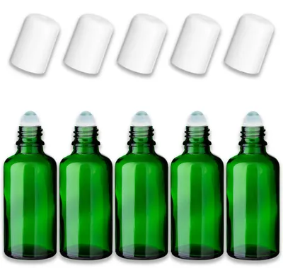 Produktbild von 5x Grüne Glasflasche 50 ml Roll-On mit weißem Verschluss – Fläschchen