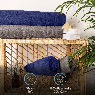Produktbild von Komfortec Saunatuch 2er Set, 100% Baumwolle Frottee, 80x200 cm, Anthrazit/Navyblau, weich, schnelltrocknend, Öko-Tex Standard 100, trocknergeeignet für Spa & Sport